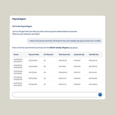 Workday's Payroll Agent interface giving information to an employee period summary trends of a specific paygroup.