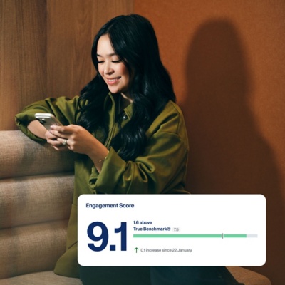 Workday Peakon Employee Voice dashboard showing a team engagement score of 9.1 against benchmark