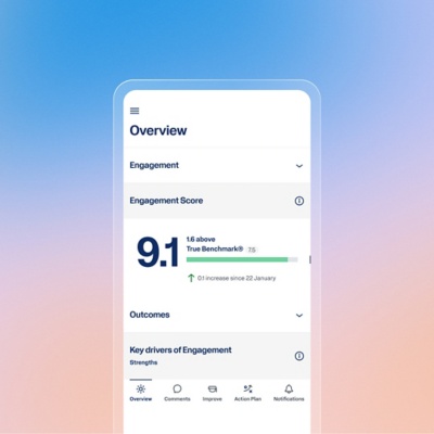 Workday Peakon Employee Voice mobile app overview screen showing an engagement score of 9.1 above benchmark