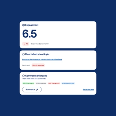 Workday Peakon Employee Voice dashboard showing an engagement score, top feedback topic, and promoter/detractor comment breakdown