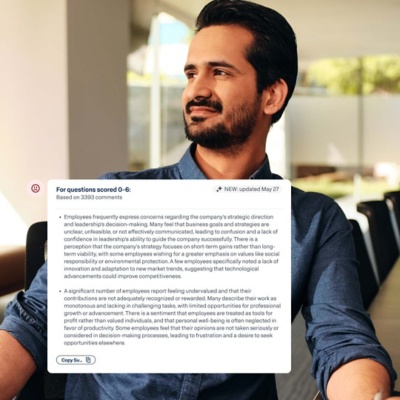 Workday Peakon Employee Voice AI-generated summary of employee comments scored 0–6, with key themes highlighted