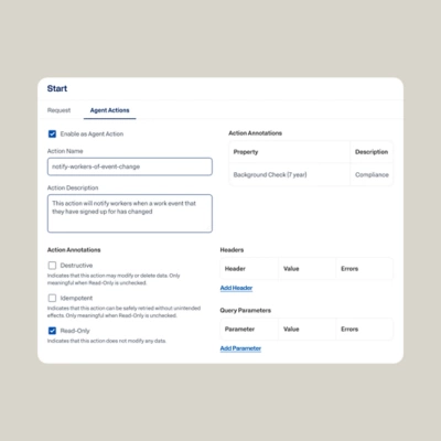 Workday Build agent action configuration panel for creating deterministic agentic workflows