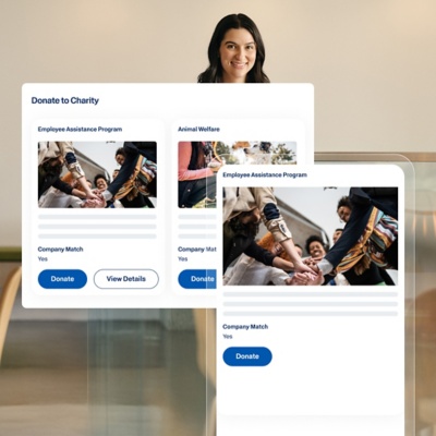 Custom Donate to Charity app built with Workday Build, showing Employee Assistance Program donation cards
