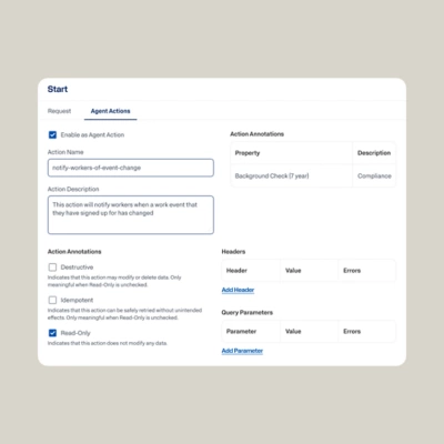 Workday Custom Agent Action configuration screen showing action name, annotations, headers, and query parameters for connecting agents to external systems