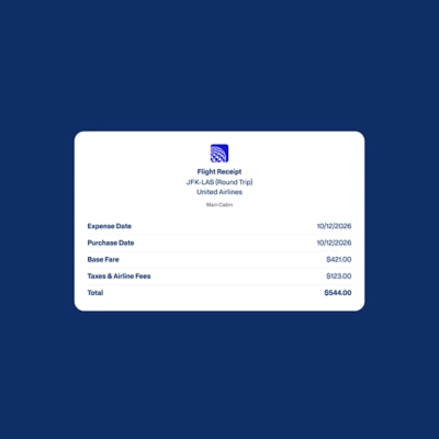 AI-powered automated expense feature, showing a flight receipt capture. 