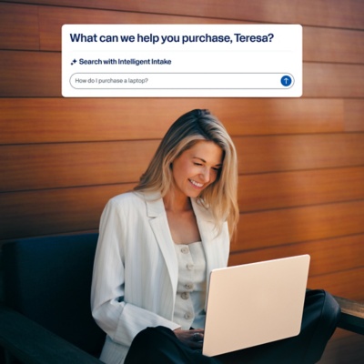 Smiling professional woman shown using the Procure-to-Pay guided  purchasing feature, with AI-powered intelligent intake. 