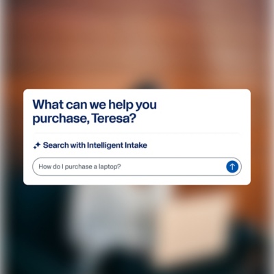 Smiling professional woman shown using the Procure-to-Pay guided  purchasing feature, with AI-powered intelligent intake. 