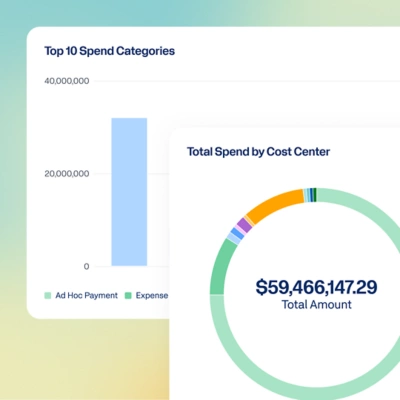 Procure-to-Pay dashboard displaying graphs of data for 'Top 10 Spend Categories' and 'Total Spend by Cost Center'