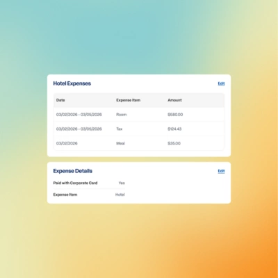 Travel and Expense dashboard showing real-time spend visibility feature, displaying hotel expenses and related details.