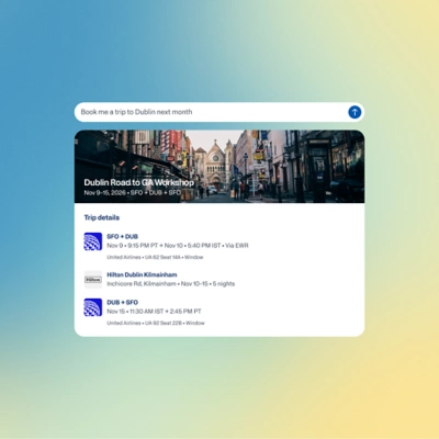 Dashboard showing Sana AI powered Travel Agent, featuring a search bar and upcoming trip details.