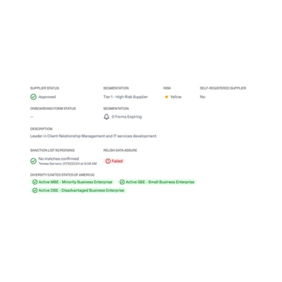 Supplier Management Dashboard displaying information about a selected supplier, including description, supplier status, segmentation, and risk.
