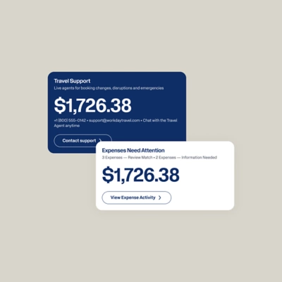 Screenshot of Travel and Expense management notifications for Travel Support and Expenses Needing Attention with recommended actions.