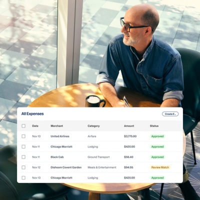 Travel and Expenses dashboard displaying an itemized Trip Expenses list with date, merchant, category, amount, and approval status.