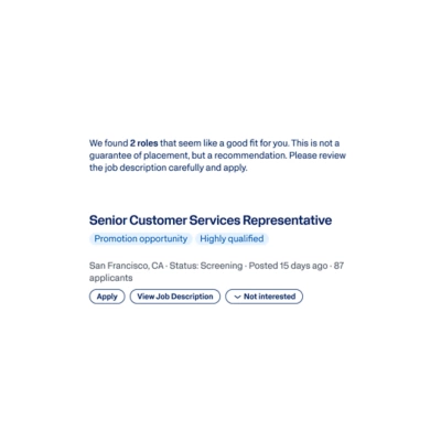 Workday AI for Talent Mobility interface showing a personalized internal job match for a Senior Customer Service Representative role.