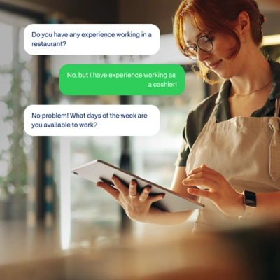 Candidate Engagement text conversation qualifying a job applicant's availability and experience.
