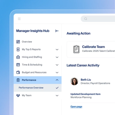 Manager Insights Hub dashboard showing team performance, goals, and career activity.