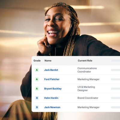 AI recruiting software screen grading candidates A to B with name and current role columns.