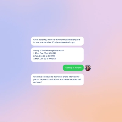Talent Acquisition Agent chatbot confirming a candidate's interview time by text.