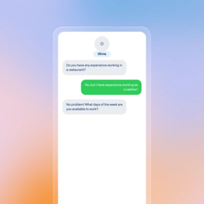 Conversational apply chatbot screening a restaurant candidate's experience and availability.