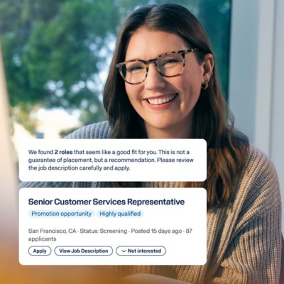 Employee viewing a personalized internal job recommendation through Workday's AI Talent Mobility career guide.