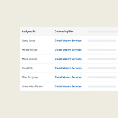 Onboarding insights dashboard showing new hires and their assigned onboarding plans.