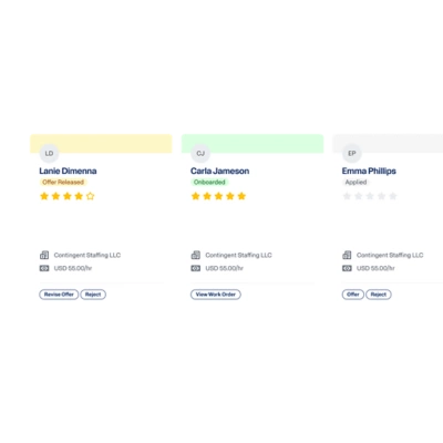 Workday VNDLY dashboard showing contingent worker profiles with ratings and status.
