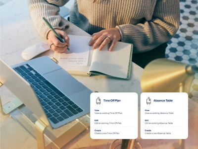 Centralized admin hub with Time Off Plan and Absence Table cards for viewing, editing, and creating leave management records.
