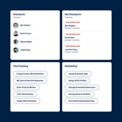 Real-time manager dashboard showing worker check-in status and scheduling actions.