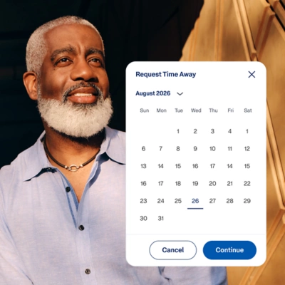 Custom absence request modal letting a worker choose leave dates and submit a request.