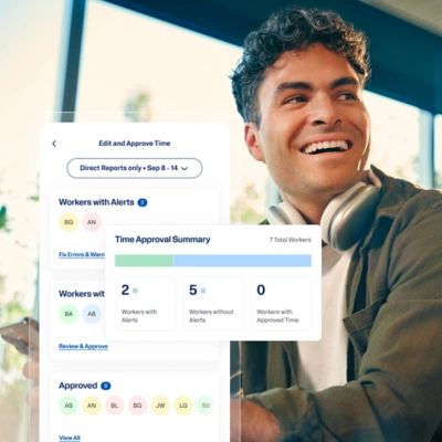 Mobile time approval summary flagging workers with and without alerts for manager review.