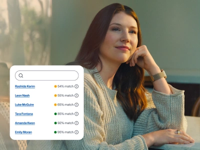 Workforce scheduling software suggesting available workers ranked by match percentage to fill an open shift.