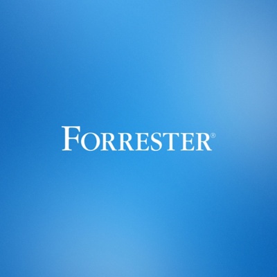 White centered "Forrester" registered brand logo set against a solid blue gradient background.