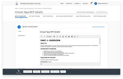 Exemple de demande de propositions pour des fournitures médicales dans Workday Strategic Sourcing pour le secteur des soins de santé.