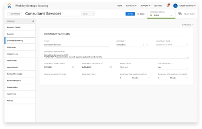 Rapport de récapitulatif de contrat dans Workday Strategic Sourcing pour le secteur des services professionnels. 