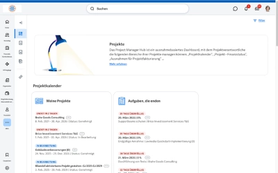 Screenshot des Dashboards mit einer Finanz��bersicht, die die Projektausgaben nach Art, Projektabschlussrate in Prozent und Gesamtprojektkosten anzeigt.