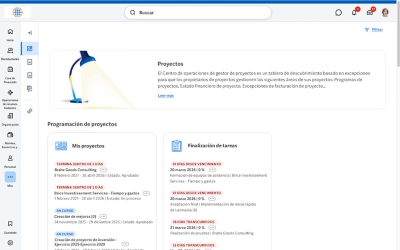 Captura de pantalla del tablero de mando de resumen financiero que muestra gastos de proyecto por tipo, porcentaje de finalizaci��n de proyectos y costes totales de proyecto.