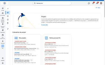 Capture d’écran du tableau de bord du récapitulatif financier montrant les dépenses des projets par type, le pourcentage d’achèvement et le coût total.