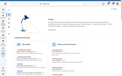 Capture d'��cran du tableau de bord de la synth��se financi��re montrant les co?ts du projet par type, le pourcentage d'ach��vement du projet et le co?t total du projet.
