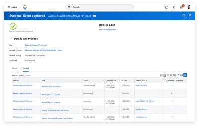 Tableau de bord montrant une demande dabsence approuve, comprenant linformation et les processus.