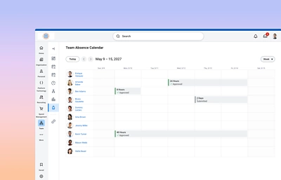 Time and absence dashboard showing time off balances and time analysis.