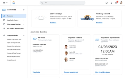 Desktop view of the Academics Hub displaying holds, important contacts, and registration appointments.