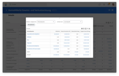 Dashboard fr konsolidierte Gewinn- und Verlustrechnung mit Detailansicht der Verkaufsposten