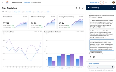 Screenshot of Workday Adaptive Planning showing the AI-driven scenario modeling agent generating financial forecasts.