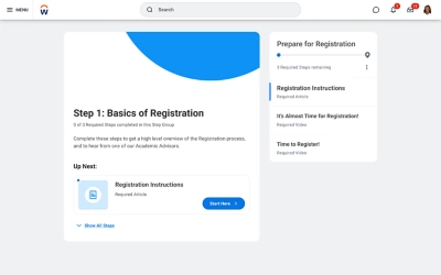 Desktop view of the Student experience dashboard, displaying step 1 of the guided registration process.