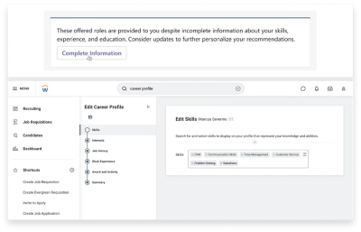 A screenshot of an employees career profile where you can update skills, experience, and education to further personalize job recommendations.