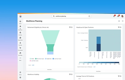 Desktop view of workforce analysis discovery board showing HR metrics such as percentage of females in leadership, age and gender distribution, and pay for performance. Mobile view of a Workday Core Reporting pie chart that shows revenue for top 10 customers.