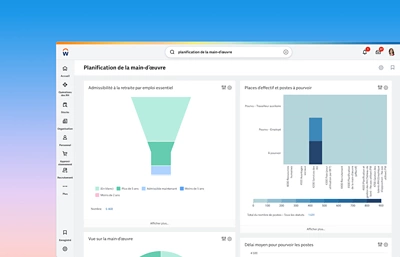 Vue sur un ordinateur du tableau d’exploration de l’analyse de la main-d’œuvre montrant des indicateurs de RH comme le pourcentage de femmes dans les postes de direction, la répartition par âge et par sexe et la rémunération au rendement. Vue sur un appareil mobile d’un graphique à secteurs montrant les produits pour les 10 meilleurs clients créé à l’aide des fonctions essentielles de présentation de l’information dans Workday.