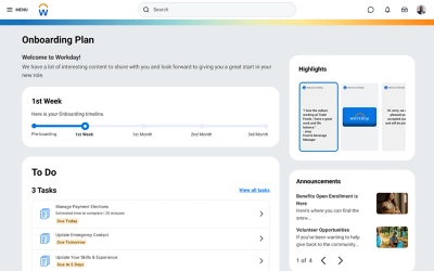 Screenshot from 鶹ý's Onboarding Plan showing new employees to do list, timeline, announcements and highlights.