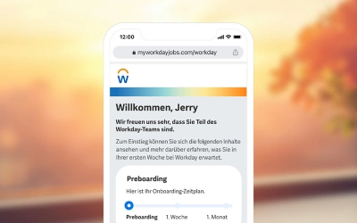 Mobile screenshot from 鶹ý's Onboarding Plan showing a welcome preboarding screen for a new employee.