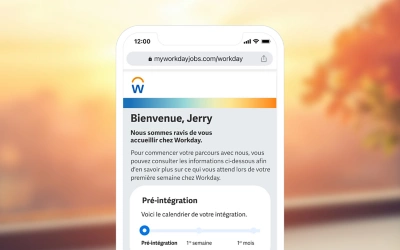 Mobile screenshot from ݮƵ's Onboarding Plan showing a welcome preboarding screen for a new employee.